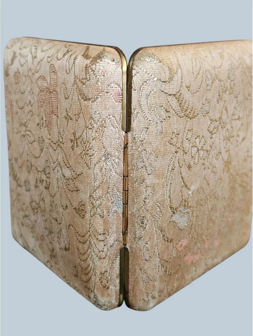 Vintage Mid Century Gold Brocade Double Hinged Folding Travel Picture Frame